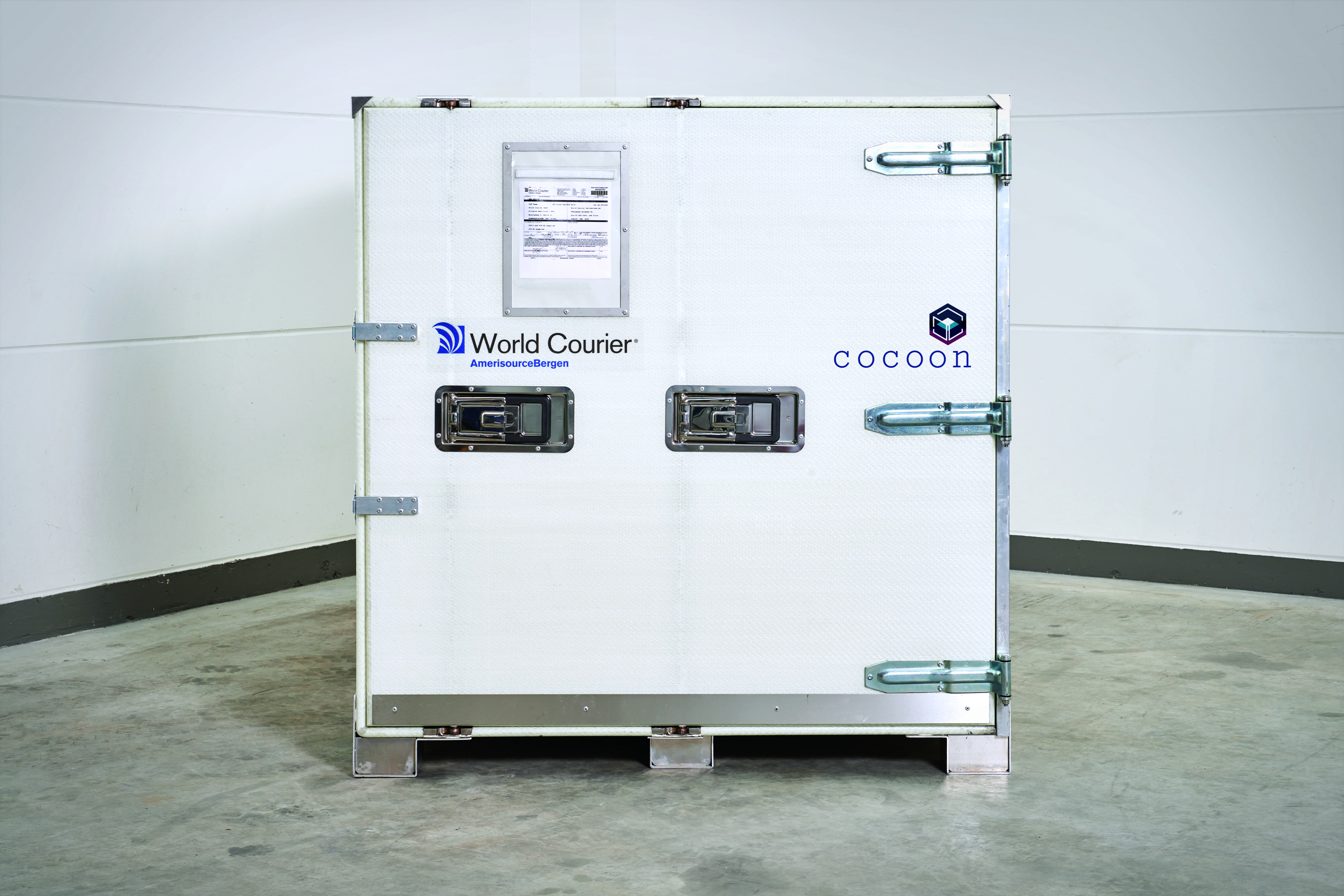 A cocoon shipping unit with the door sealed, viewed from the loading end.