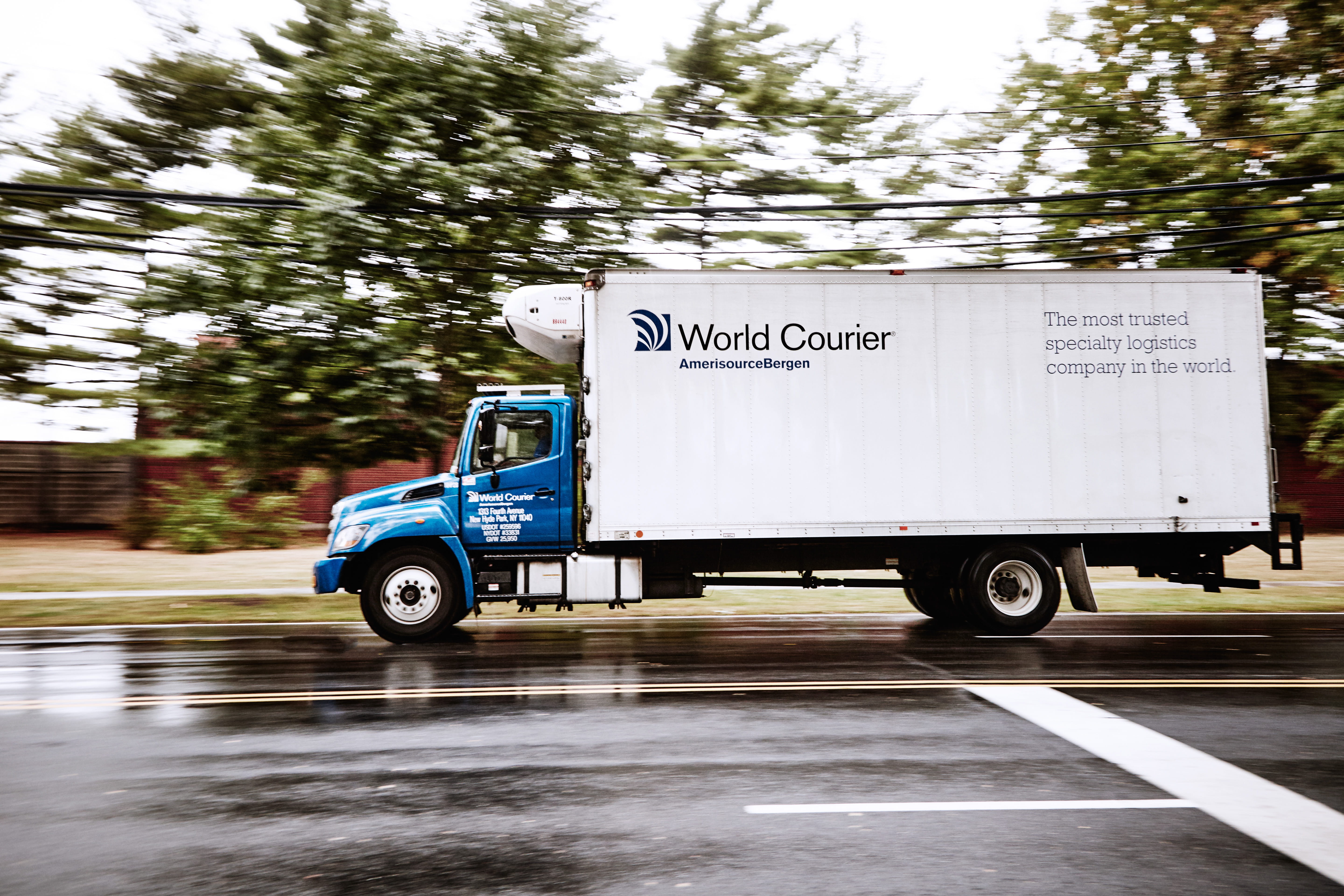 A World Courier truck speeds past blurry trees.